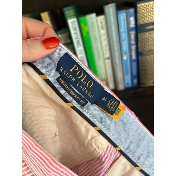 🐿️ Polo Ralph Lauren Stretch Straight Fit Pink & White Seersucker Stripe Size 34 - Picture 3 of 6